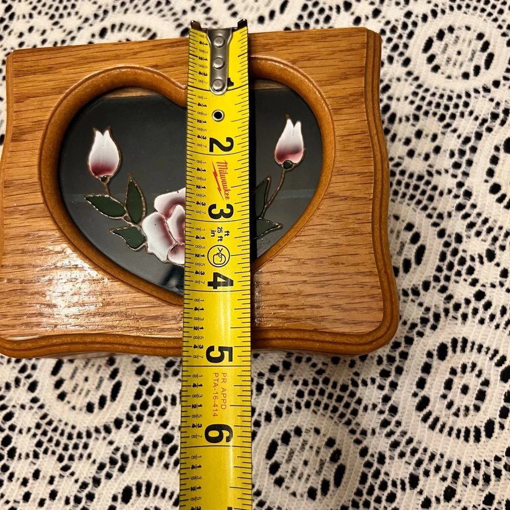 Vintage Wooden Jewelry Box Heart Shaped Floral Glass Inlay